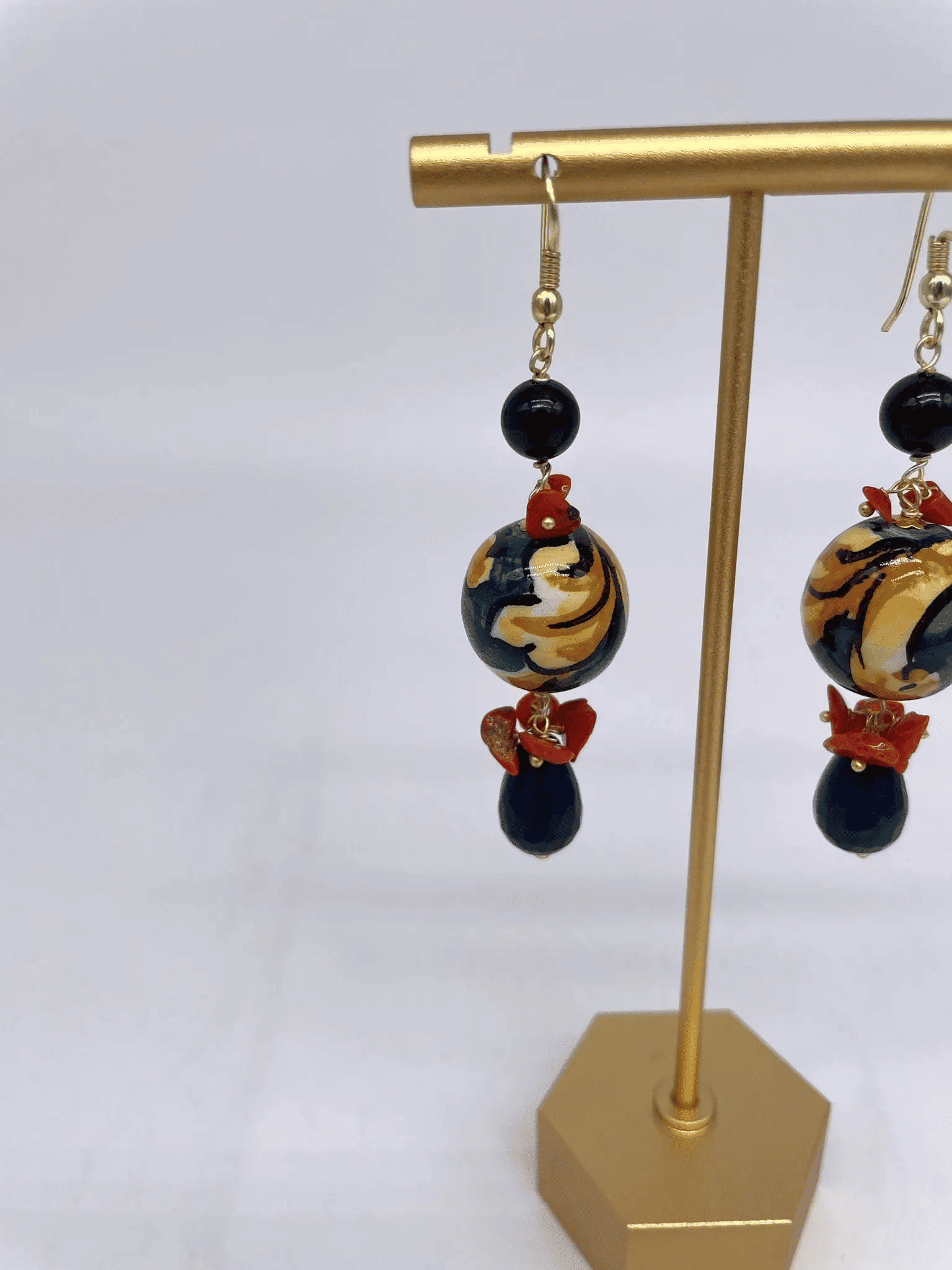Blue Christmas Ball Dangle Earrings with Coral and Stone