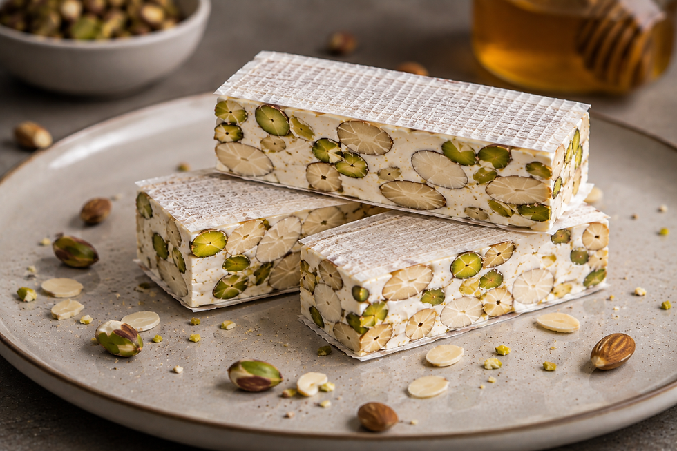 Italian white torrone with honey, almonds and pistachios