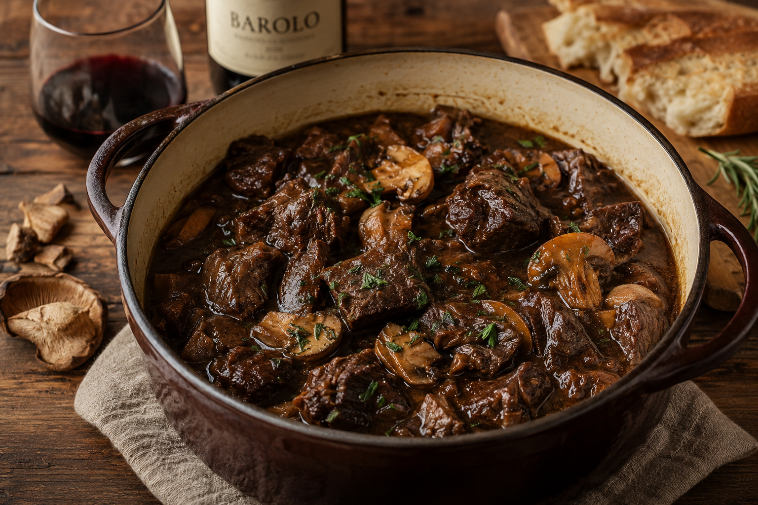 Spezzatino di Manzo al Barolo con Porcini (Italian Barolo Braised Beef Stew with Porcini Mushrooms)