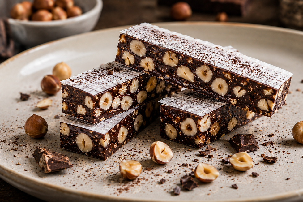 Intense Italian dark chocolate torrone with 70 percent cacao, roasted hazelnuts, honey and a dense but tender nougat texture.