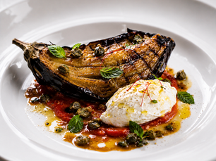 Melanzana Arrosto con Ricotta allo Zafferano, Pomodoro Affumicato e Capperi Croccanti (Italian Saffron Ricotta Eggplant)