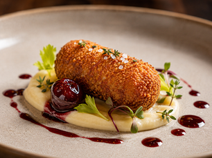 Crocchetta di Anatra Confit con Amarena, Sedano Rapa e Riduzione al Porto (Italian Duck Confit Croquette)