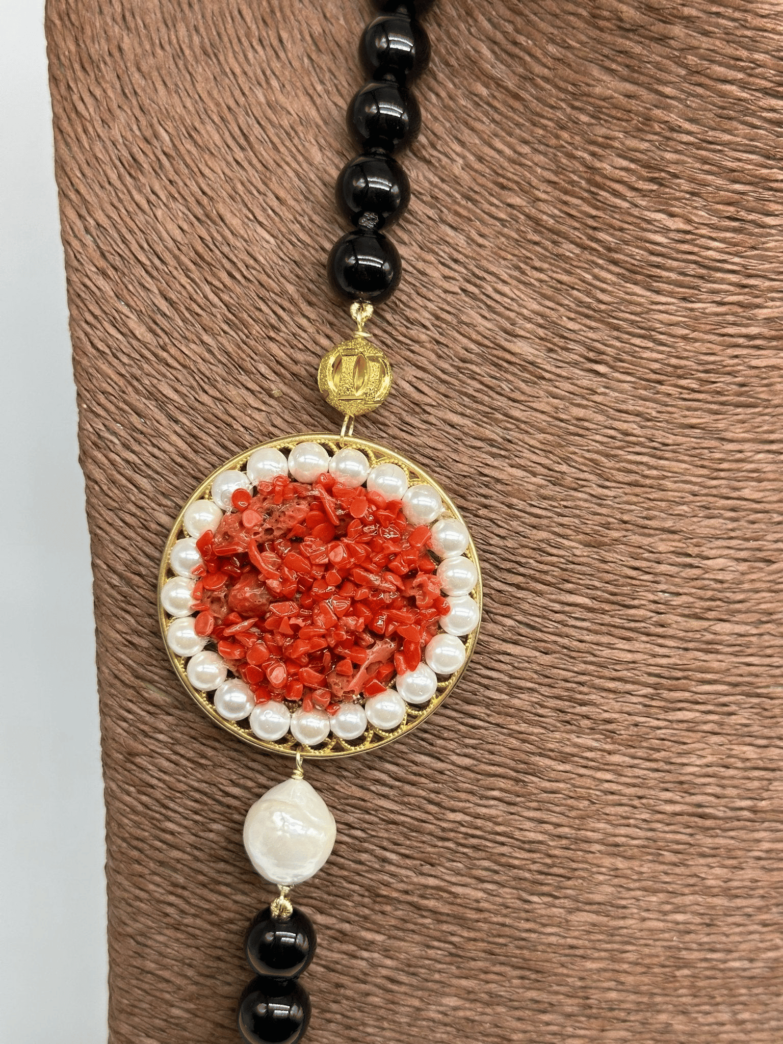 Caltagirone Ceramic Necklace With Coral Medallion and Pearls