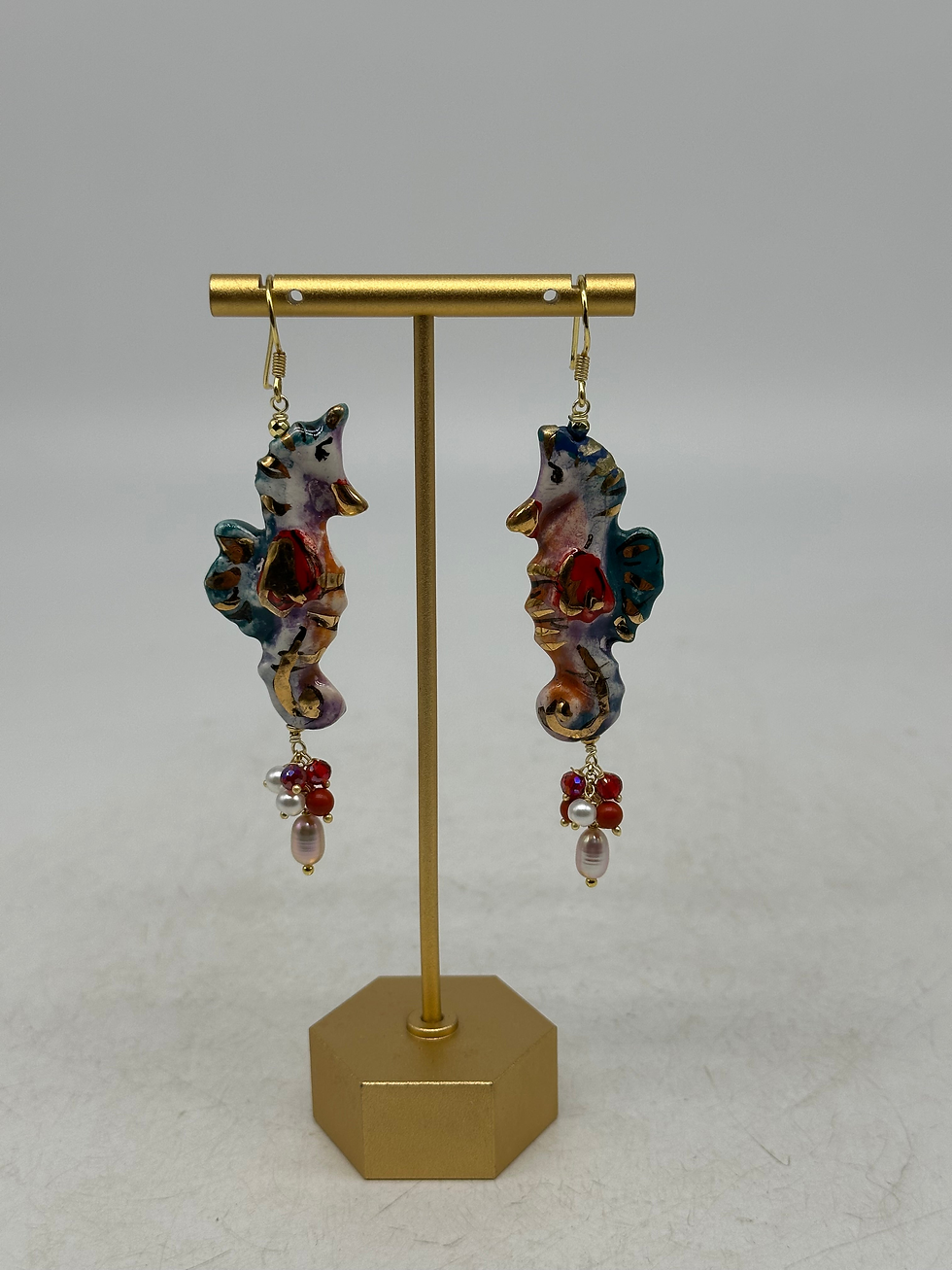 Thumbnail: Seahorse Drop Earrings Caltagirone Ceramic with Semiprecious Stones