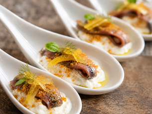 Crema di Burrata con Acciughe del Cantabrico, Limone Candito e Bottarga (Italian Burrata Hors d’Oeuvre)