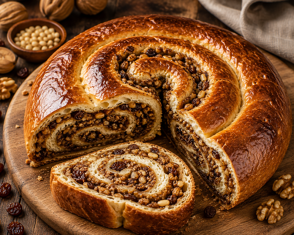 Gubana delle Valli del Natisone, the coiled festive cake of the Natisone Valleys in Friuli, filled with walnuts, raisins and pine nuts