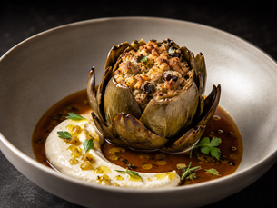 Carciofo Ripieno di Coniglio, Olive Taggiasche, Limone Fermentato e Fondo al Rosmarino (Italian Stuffed Artichoke with Rabbit and Taggiasca Olives)