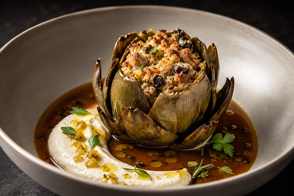 Carciofo Ripieno di Coniglio, Olive Taggiasche, Limone Fermentato e Fondo al Rosmarino (Italian Stuffed Artichoke with Rabbit and Taggiasca Olives)