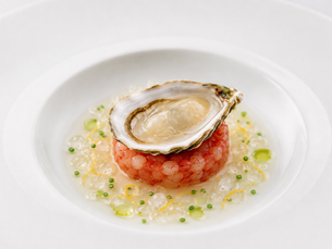 Ostrica e Mazzancolla Rossa di Alghero con Gelo Marino e Agrumi (Italian Sardinian Alghero Oyster and Red Prawn with Sea Gel and Citrus)