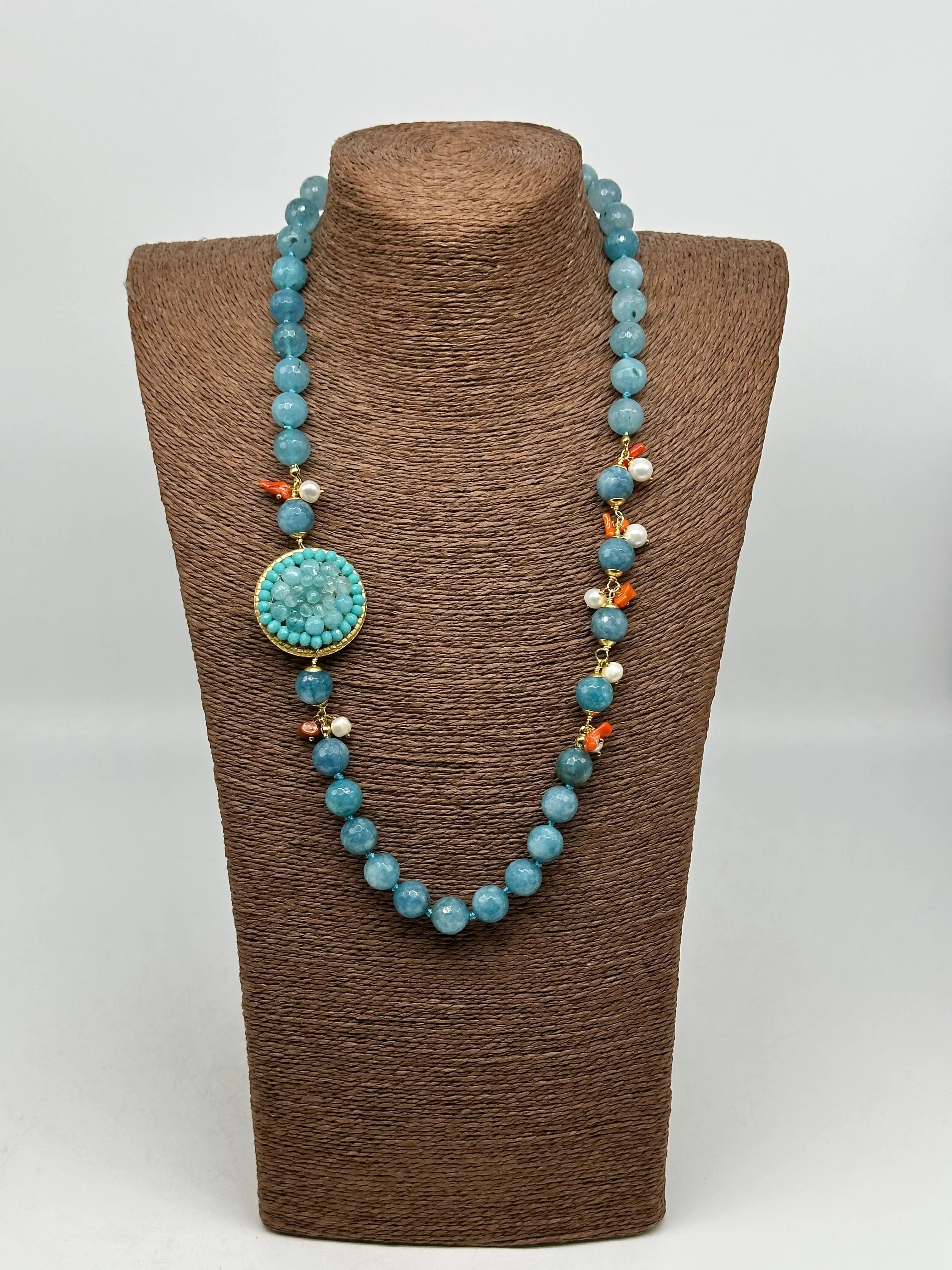 Blue Stone and Coral Bead Necklace with White Pearls