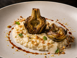 Carciofo Brasato, Risotto al Pecorino, Liquirizia, Limone e Mandorla Tostata (Italian Braised Artichoke with Pecorino Risotto and Licorice)
