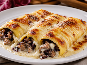 Crespelle gratinate con salsiccia, radicchio e scamorza
