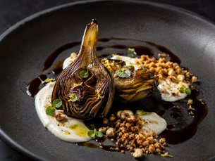 Carciofo Glassato al Miso Bianco, Caprino, Nocciola Tostata e Jus al Caffè (Italian Glazed Artichoke with Goat Cheese, Hazelnut and Coffee Jus)