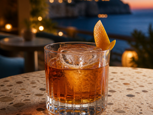 Grappa Old Fashioned Italian cocktail in an elegant premium bar setting
