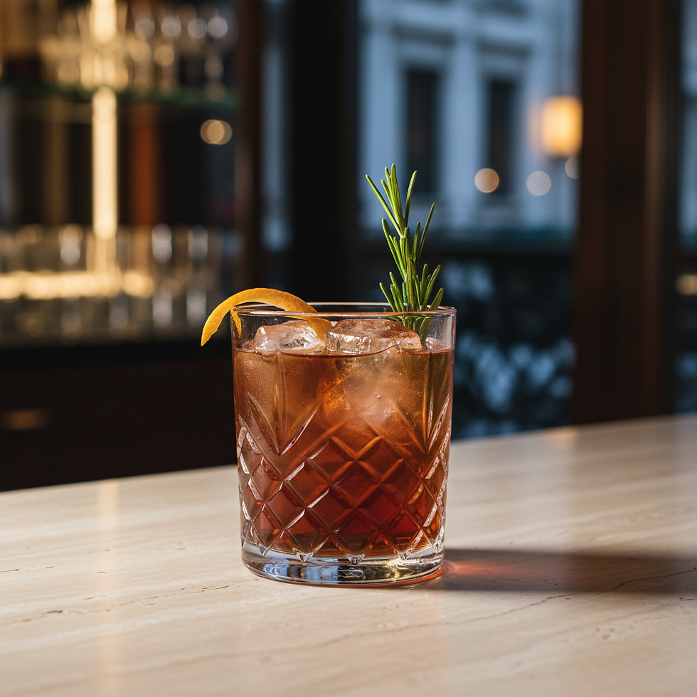 Negroni al Rosmarino Italian cocktail in an elegant premium bar setting