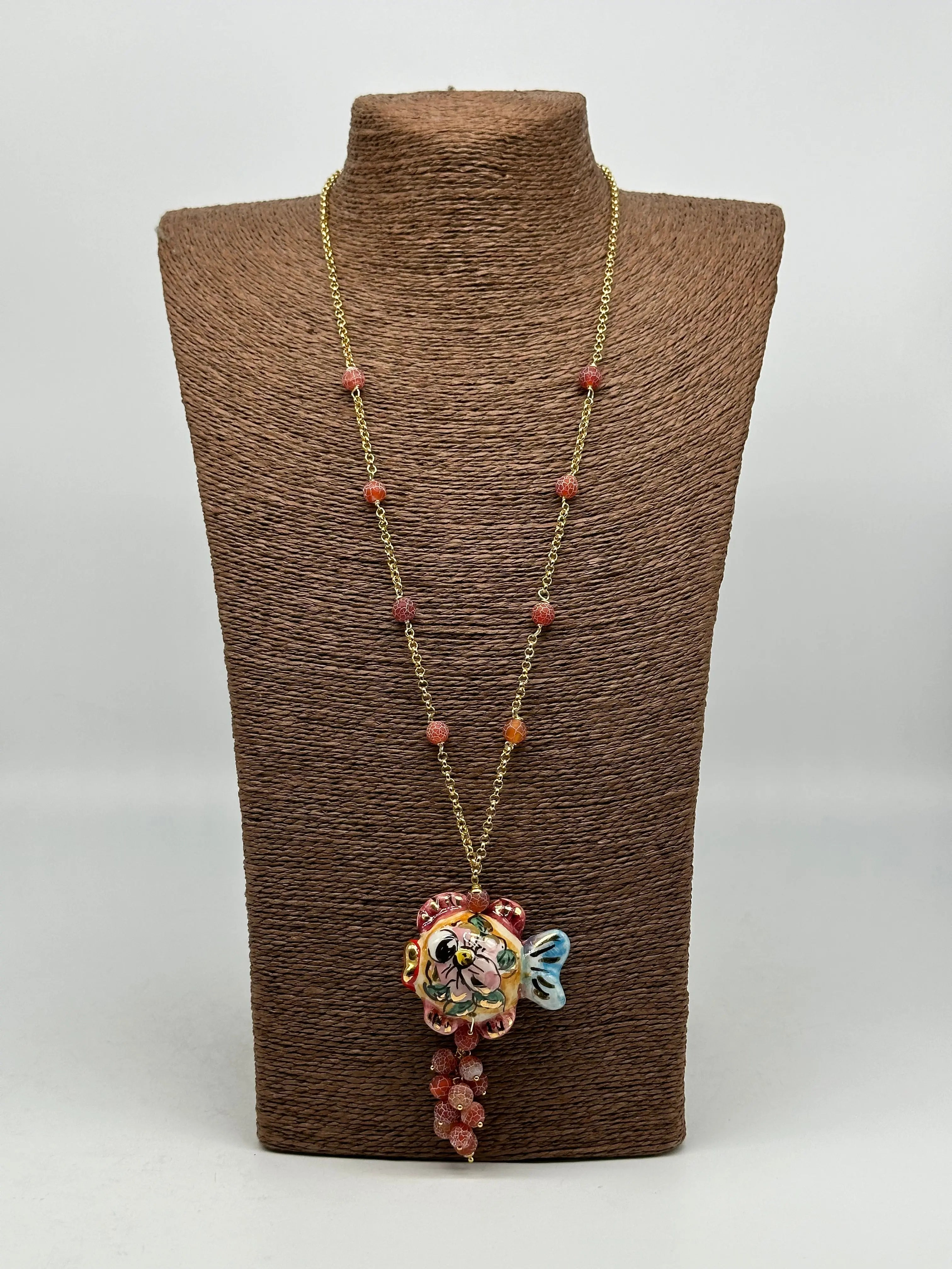 Ceramic Fish Pendant Necklace Caltagirone Orange Gold Tone
