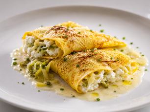Crespelle allo Zafferano Ripiene di Ricotta di Pecora, Porri Fondenti e Parmigiano (Italian Saffron Ricotta Crêpes)