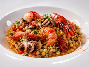 Fregola con Pomodori Confit, Gambero Rosso e Moscardini (Italian Fregola with Red Prawn and Baby Octopus)