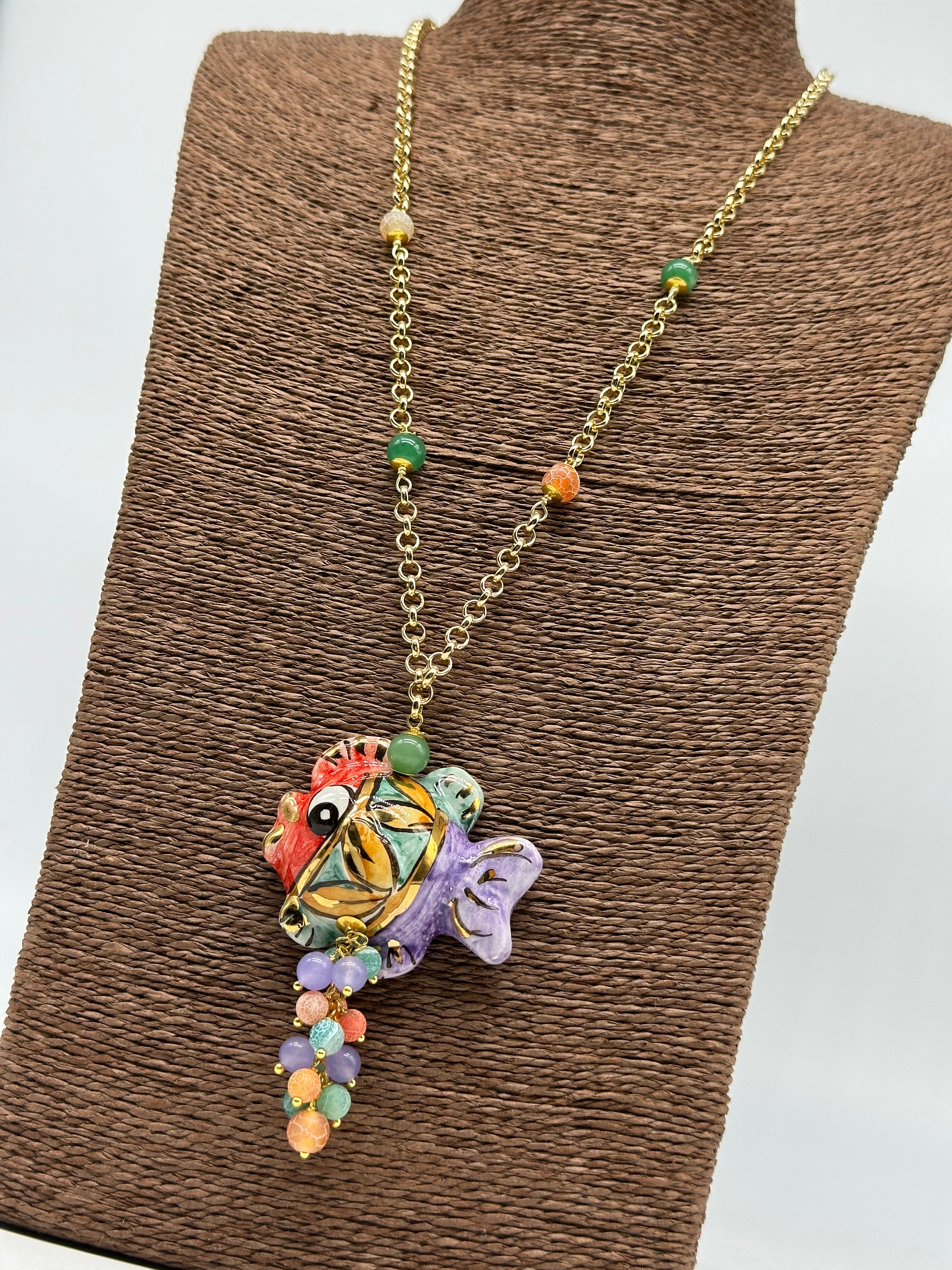 Ceramic Fish Pendant Necklace with Colorful Stones Gold Chain