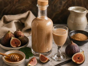Homemade Italian fig cream liqueur with ripe figs, honey, vanilla, and cream.