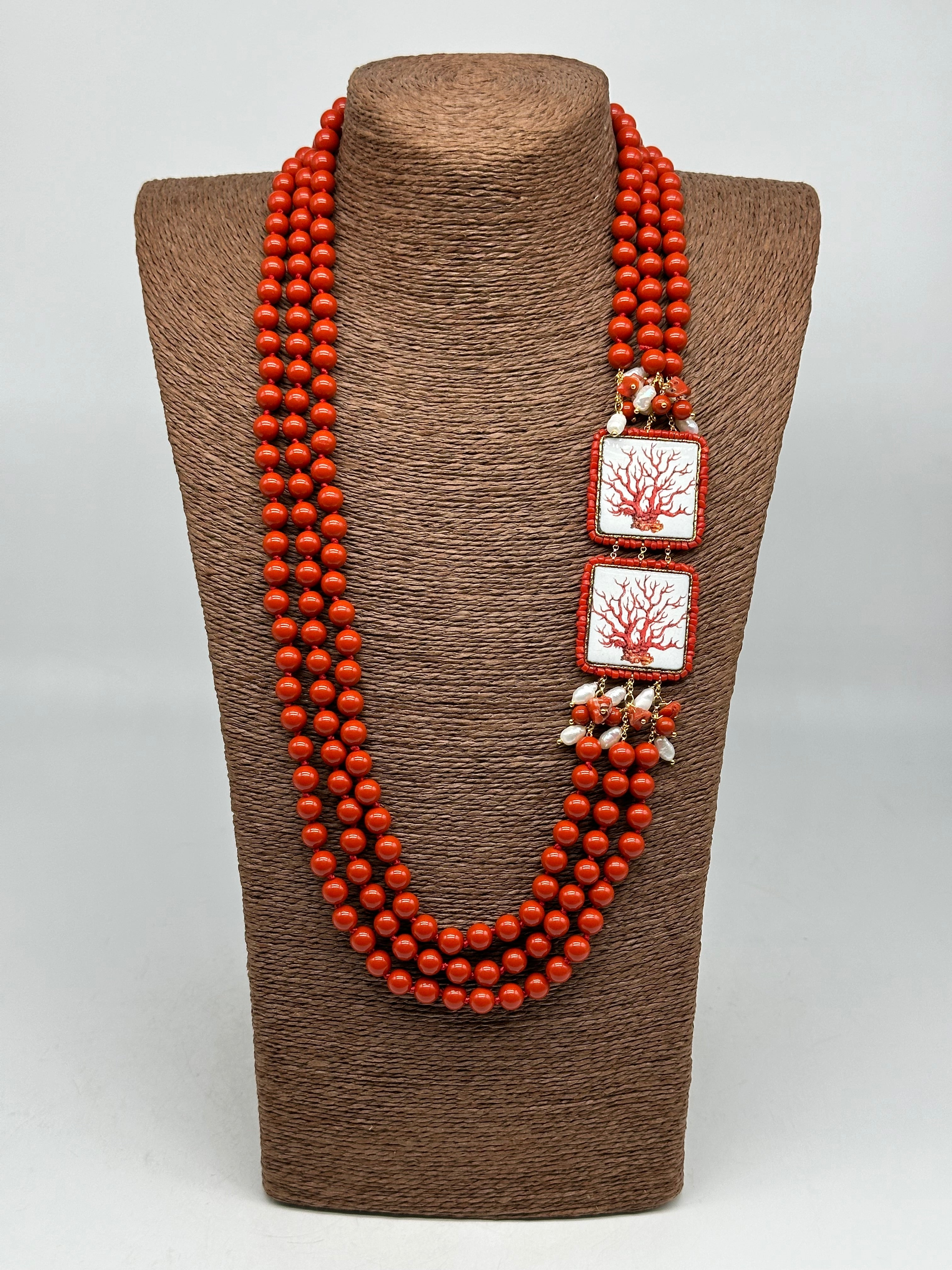 3-Strand Coral Stone Necklace with Caltagirone Ceramic Tiles