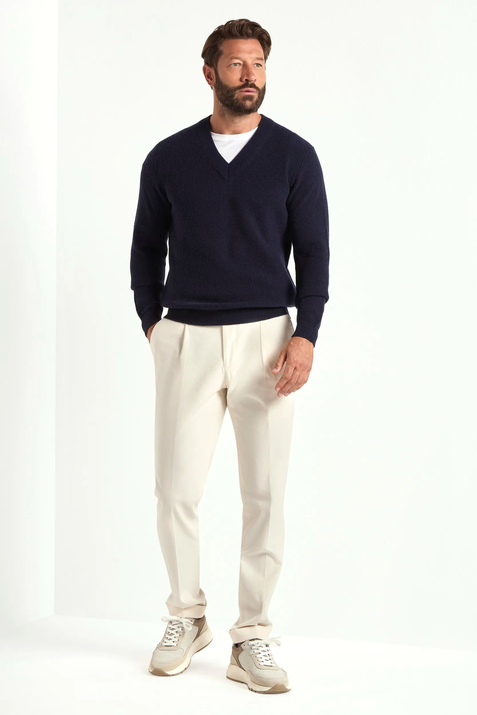 Ribbed V-Neck Sweater - Blue