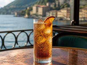Chinotto Highball Italian cocktail in an elegant premium bar setting