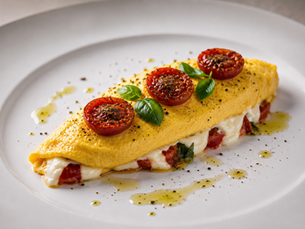 Omelette alla Caprese (Italian Caprese Omelette with Buffalo Mozzarella, Confit Tomatoes and Basil)
