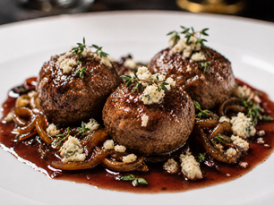 Polpette di Manzo al Barolo con Cipolla Caramellata e Castelmagno (Italian Barolo Beef Meatballs)