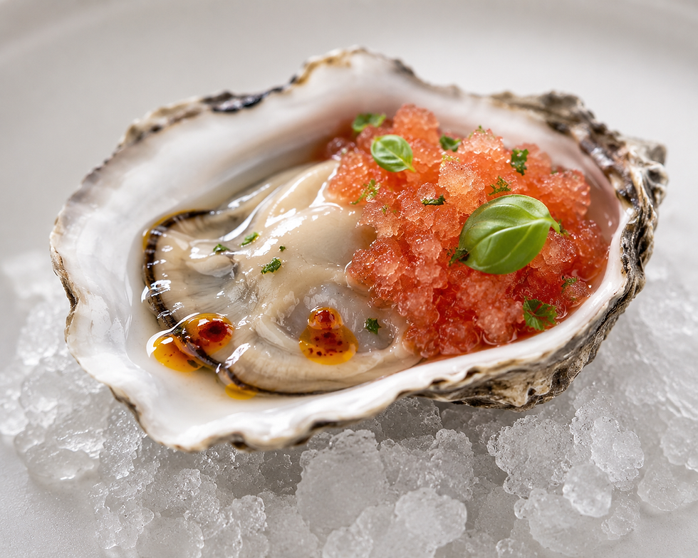 Fresh oyster with tomato basil granita and chili oil