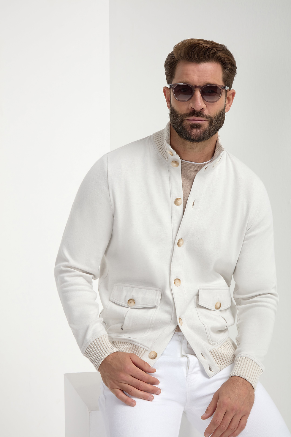 Thumbnail: Cotton Knitted Bomber - Stone