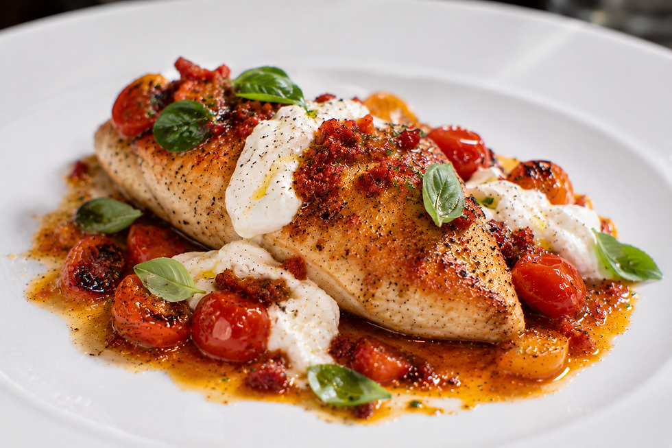Petto di Pollo con ‘Nduja, Burrata e Pomodorini Arrosto (Italian ‘Nduja Chicken Breast)