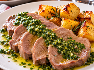 Italian slow cooked beef tongue with salsa verde and roasted potatoes
