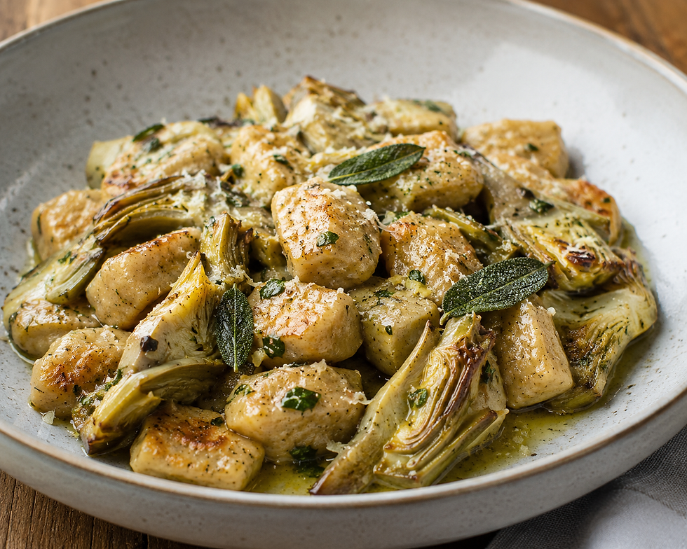Italian spelt gnocchi with artichokes, herb butter and Pecorino Romano