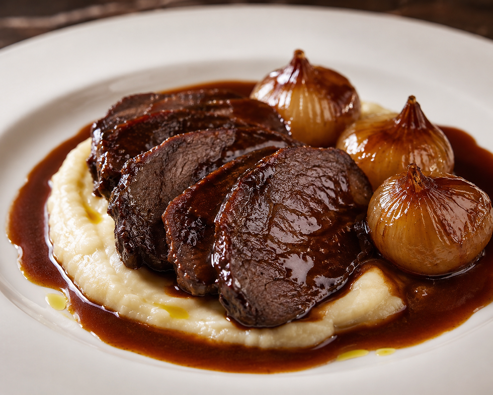 Cuore di Manzo Brasato al Barolo con Purea di Sedano Rapa e Cipolle Borettane (Italian Barolo Braised Beef Heart with Celery Root Purée and Borettane Onions)