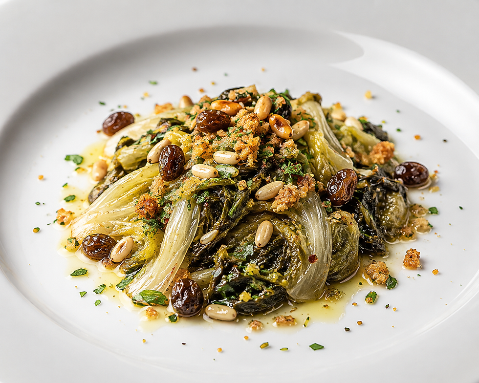 Scarola Brasata con Uvetta, Pinoli, Acciughe e Pangrattato Croccante (Italian Braised Escarole)