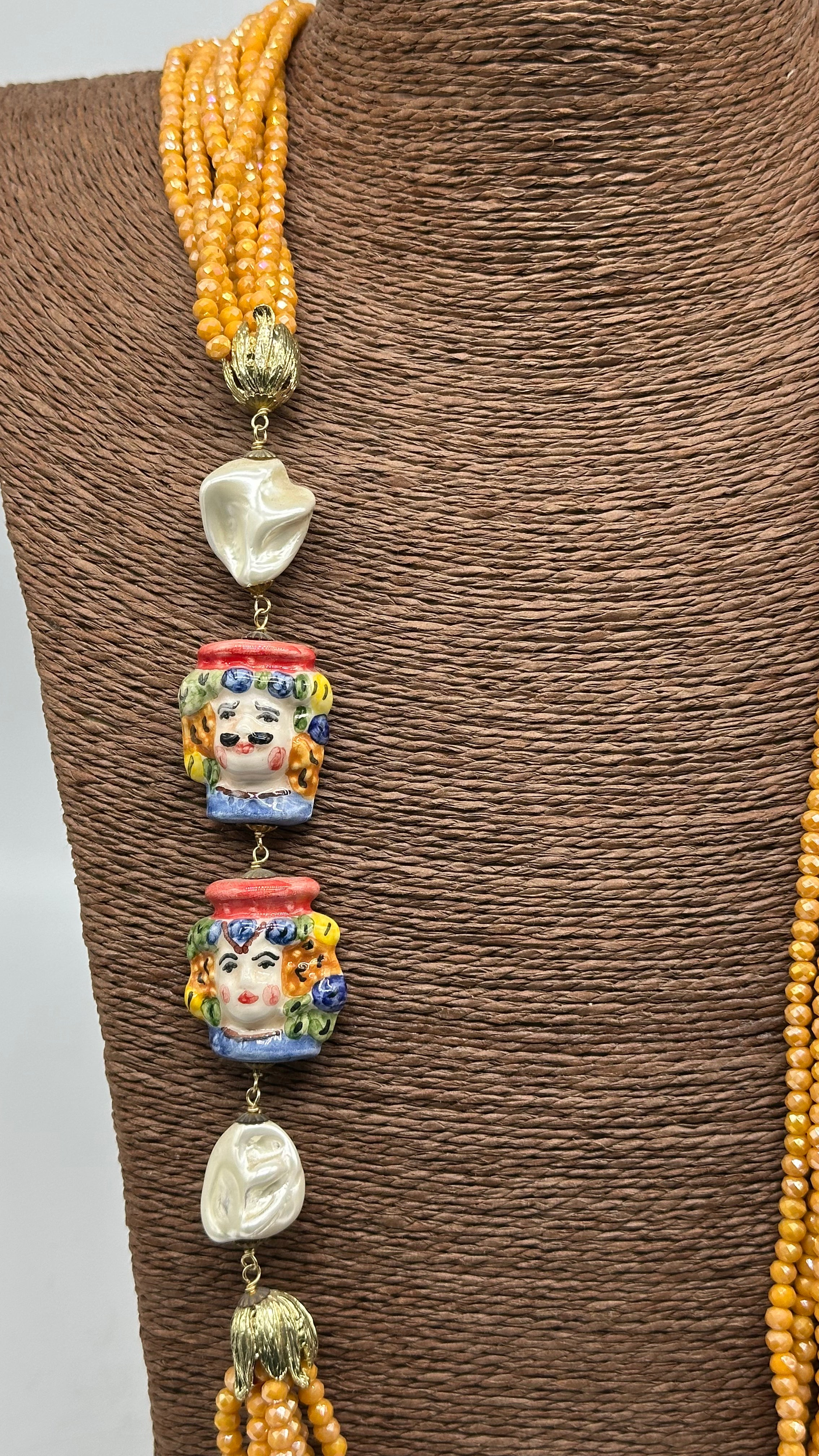 Multi-Strand Orange Stone Necklace with Moor's Head Pearl Pendants