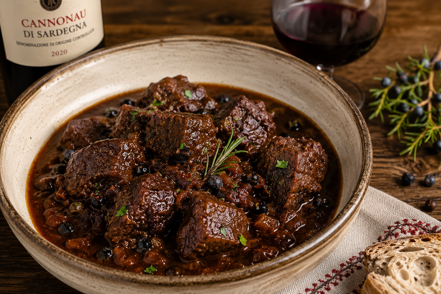 Spezzatino di Cinghiale al Cannonau con Ginepro (Italian Wild Boar Stew with Cannonau and Juniper)