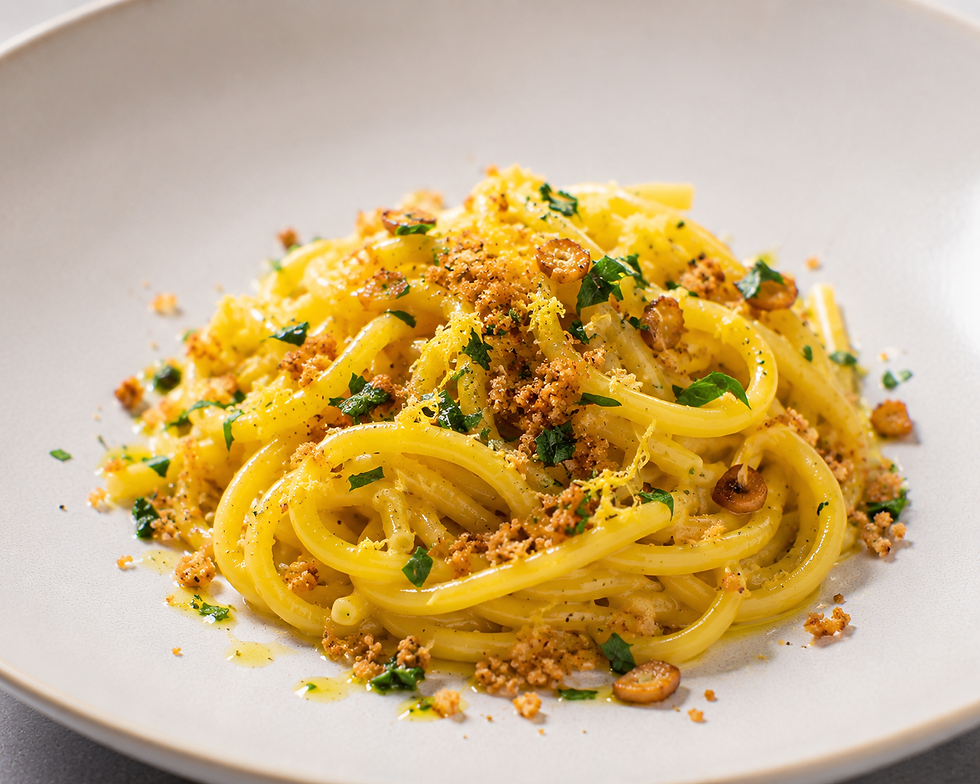Pici Toscani allo Zafferano con Aglio, Limone e Pangrattato alle Erbe (Italian Saffron Pici with Garlic and Lemon)