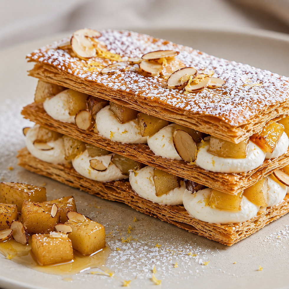 Millefoglie Croccante con Ricotta, Pere Caramellate e Mandorle (Italian Crispy Millefoglie with Ricotta, Caramelized Pears and Almonds)