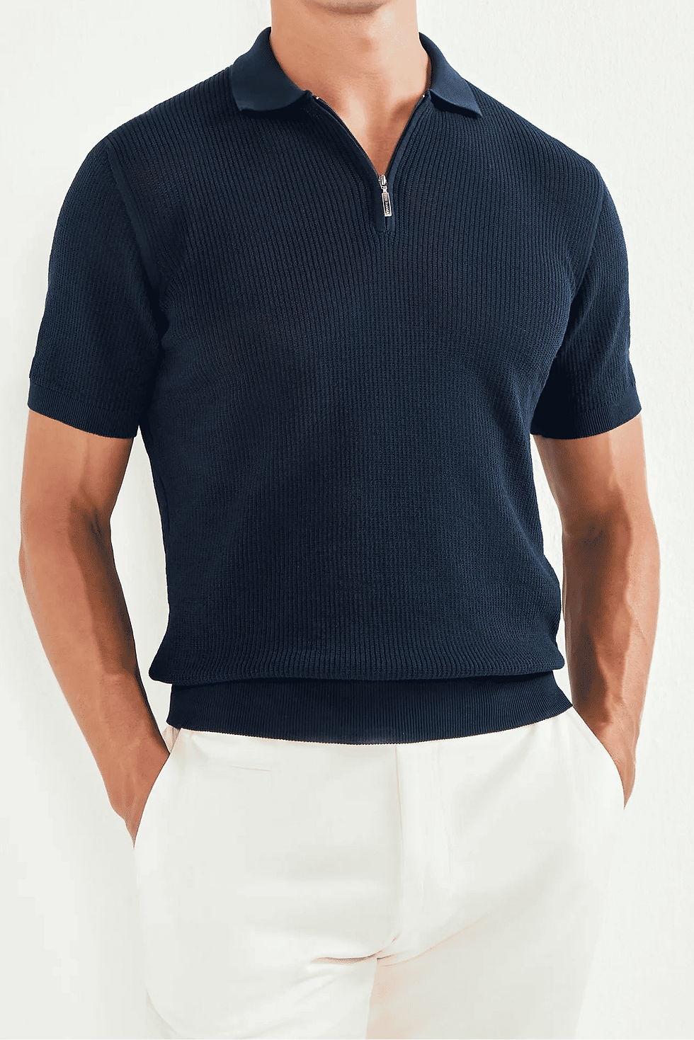 Thumbnail: Ribbed Zipped Polo - Blue