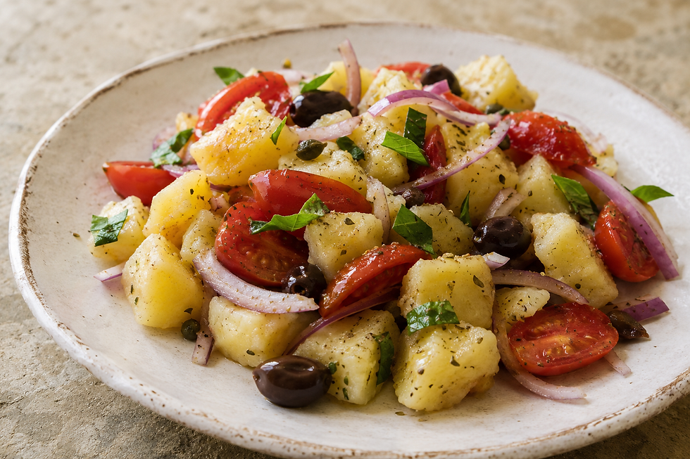 Traditional Insalata Pantesca with potatoes, tomatoes, red onion, black olives, Pantelleria capers, basil, and oregano