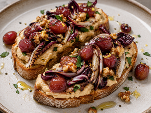 Crostino di Ceci, Radicchio Grigliato e Uva Arrosto (Italian Chickpea Crostino with Grilled Radicchio and Roasted Grapes)