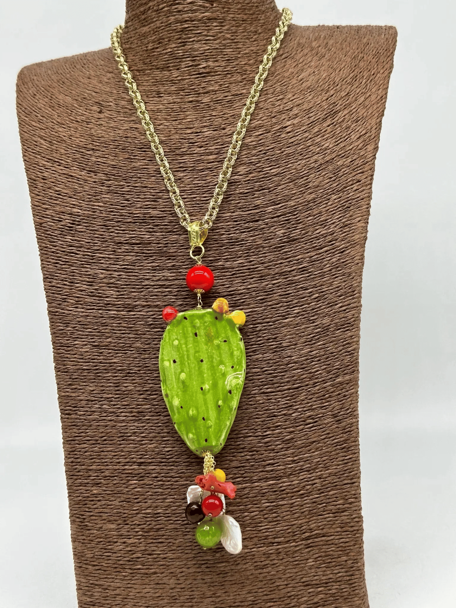 Sicilian Prickly Pear Ceramic Necklace with Gold Chain