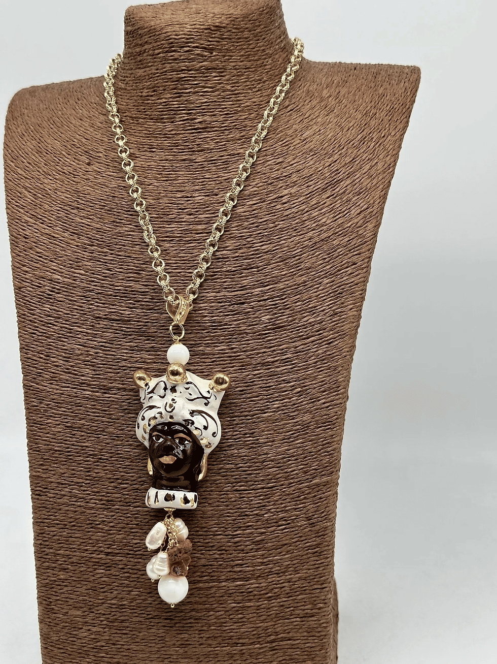 Thumbnail: Sicilian Testa di Moro Ceramic Pendant Necklace with Gold Chain