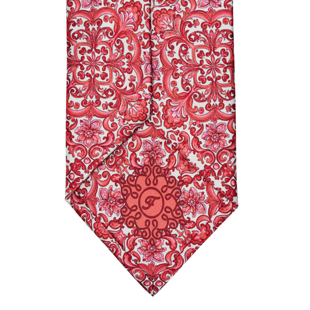 Majolica Art - Duchesse Silk Tie - Coral and White
