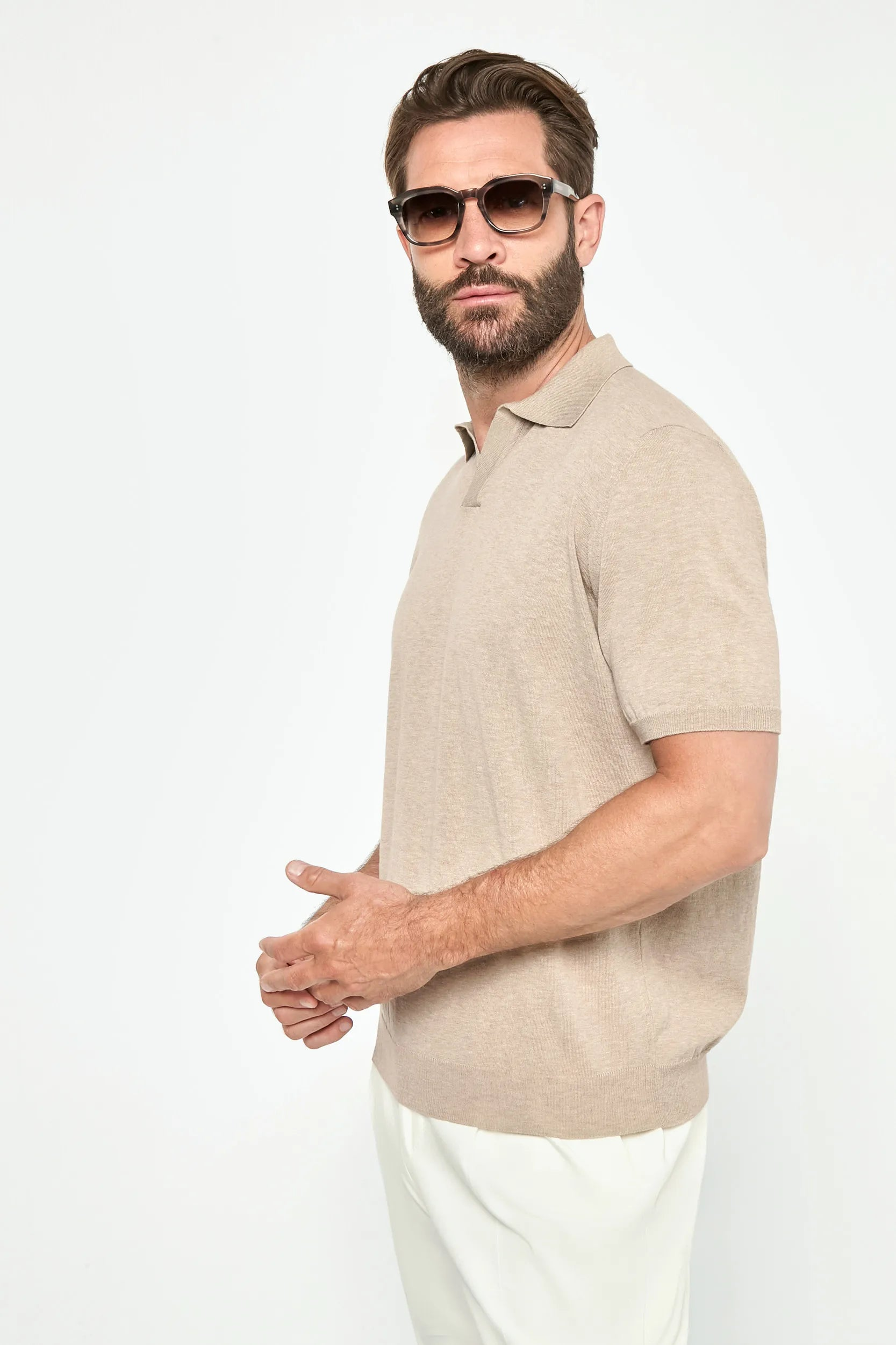 Knitted Open Collar Polo - Taupe