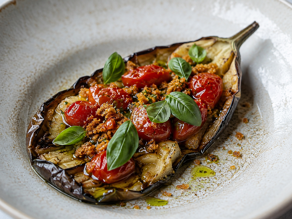 Melanzana Affumicata, Pomodoro Confit e Basilico (Italian Smoked Eggplant with Tomato Confit and Basil)