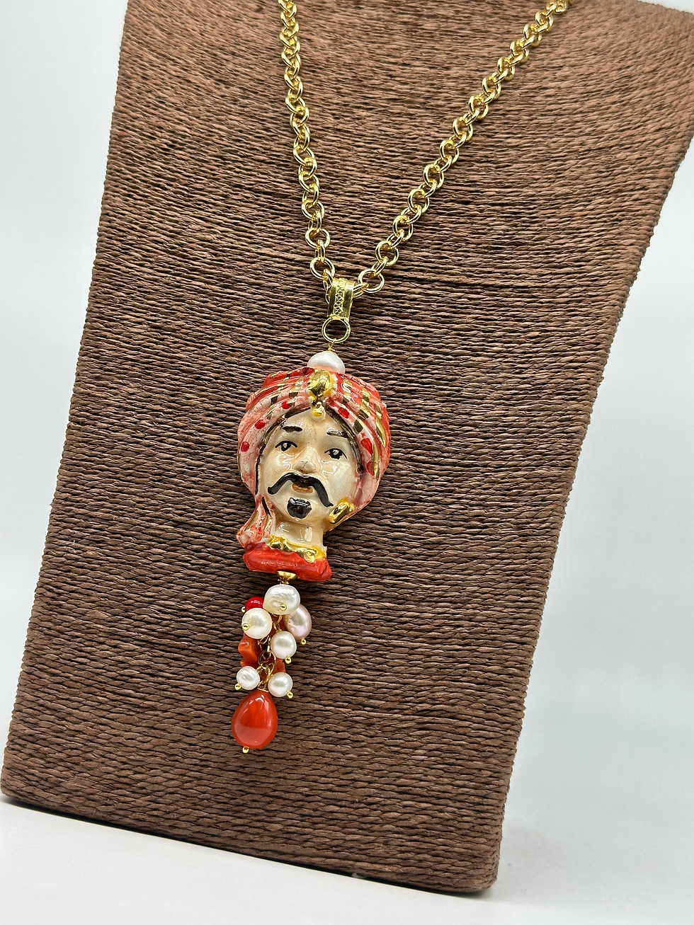 Thumbnail: Atena Moor's Head Pendant Necklace with Red Turban and Pearls