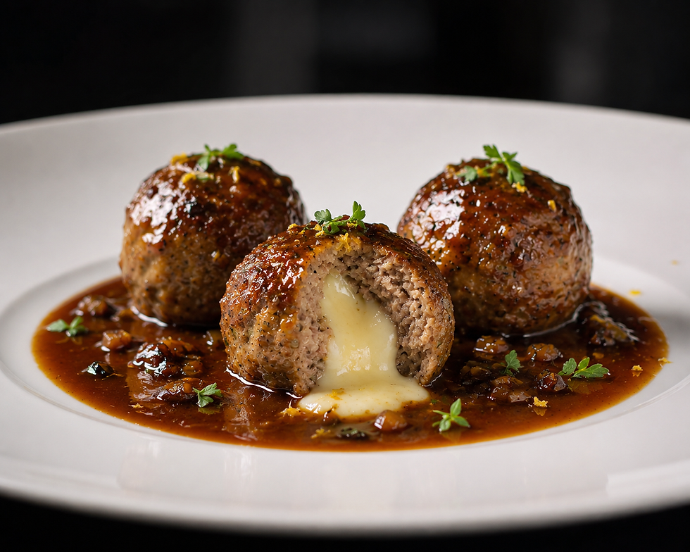 Polpette di Vitello Ripiene di Scamorza Affumicata con Salsa al Marsala (Italian Veal Meatballs with Smoked Scamorza)